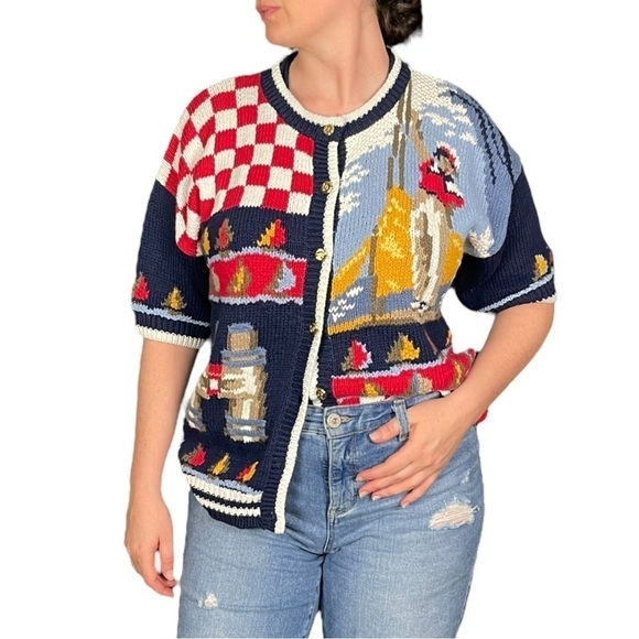 VINTAGE PORTRAITS BY NORTHERN ISLES NAUTICAL KNIT SHORT SLEEVE CARDIGAN SWEATER - Picture 1 of 14